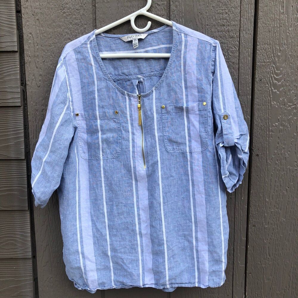 Ellen tracy linen blue stripes women’s size XL blouse